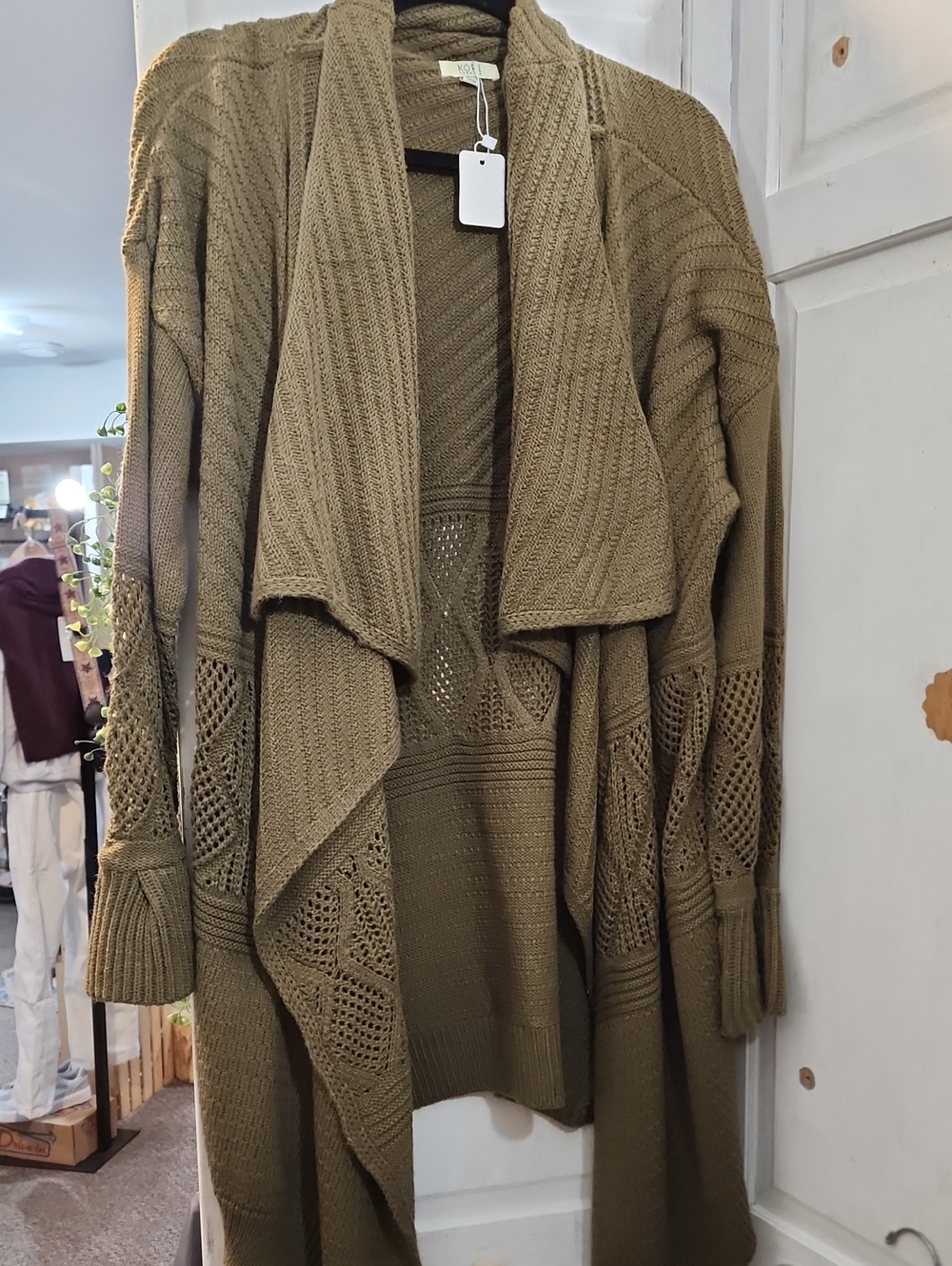 Kori Olive Open-Front Draped Knit Cardigan